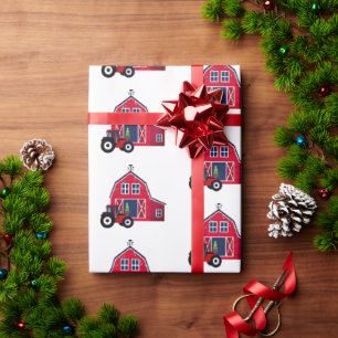 Papel De Presente Red Christmas Barn com Trator