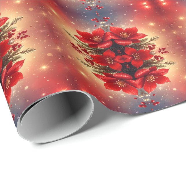 Papel De Presente Red Christmas Floral Holiday Wrapping Paper (Ponta do rolo)