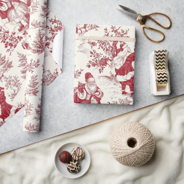 Papel De Presente Red Christmas Toile Santa And Trees (Artesanato)