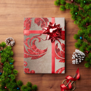 Papel De Presente Red Dourado Faux Velvet Damask Elegant