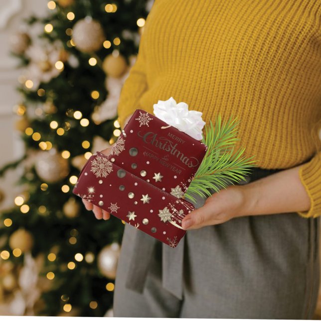 Papel De Presente Red Dourado Reindeer Feliz Árvore de Natal (Criador carregado)