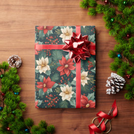 Papel De Presente Red e Cream Poinsettias com Berries