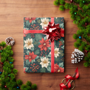 Papel De Presente Red e Cream Poinsettias com Berries