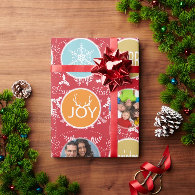 Papel De Presente Red Family Photo Reindeer Feliz de Natal Brilhante (Presente de Natal)