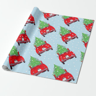 Papel De Presente Red Fiat 500 com árvore de Natal Aquarela