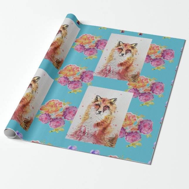 Papel De Presente Red Fox Watercolor Woodland Teal Rosa Arte Animal (Desenrolado)