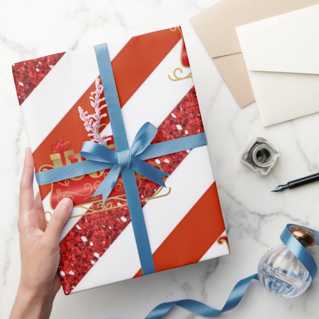 Papel De Presente Red Glitter White Striped Christmas Sleigh (Presentear)