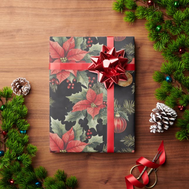 Papel De Presente Red, Gold, Black Poinsettia Christmas | (Presente de Natal)