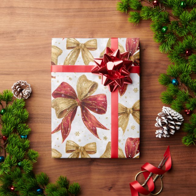 Papel De Presente Red Gold Bows Christmas (Presente de Natal)