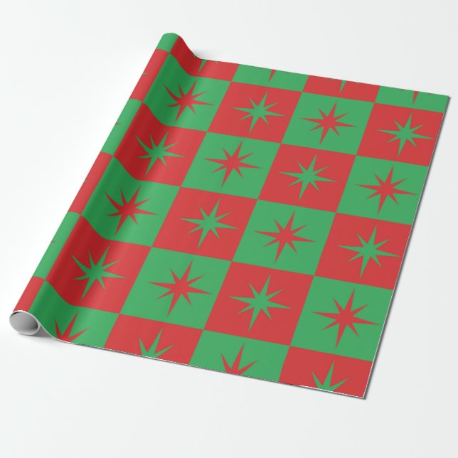 Papel De Presente Red green checkered retro Christmas  starbursts  (Desenrolado)