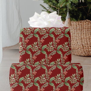 Papel De Presente Red Green Christmas Holly Berry Botânico