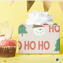 Papel De Presente Red Green Cream Playful Modern Snowman Tree X-mas