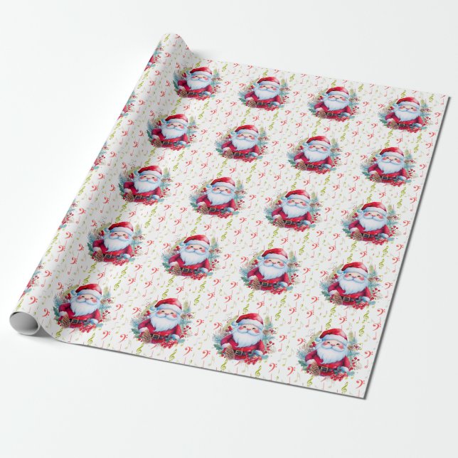 Papel De Presente Red Green Music Notes e Papai Noel (Desenrolado)