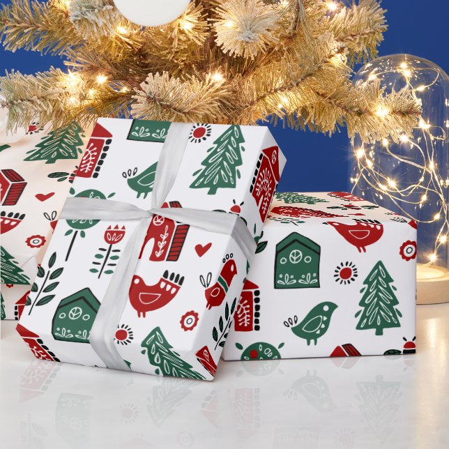Papel De Presente Red & Green Scandinavian Christmas Wrapping Paper (Feriados)