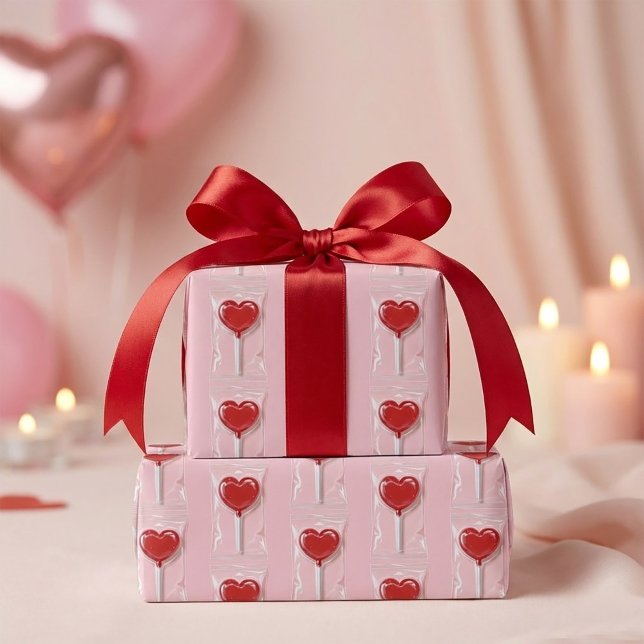 Papel De Presente Red Heart Lollipop – Valentine Candy Illustration (Red Heart Lollipop – Valentine Candy Illustration Wrapping Paper #valentineday #heartspattern #love)