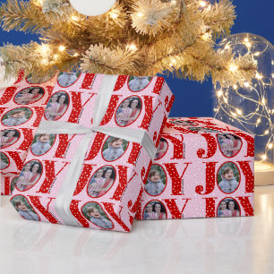 Papel De Presente Red JOY e snowflakes cor-de-rosa e duas fotos Nata