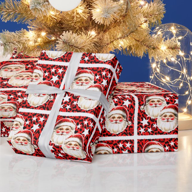 Papel De Presente Red Leopardo Imprime Retro Papai Noel Natal (Feriados)
