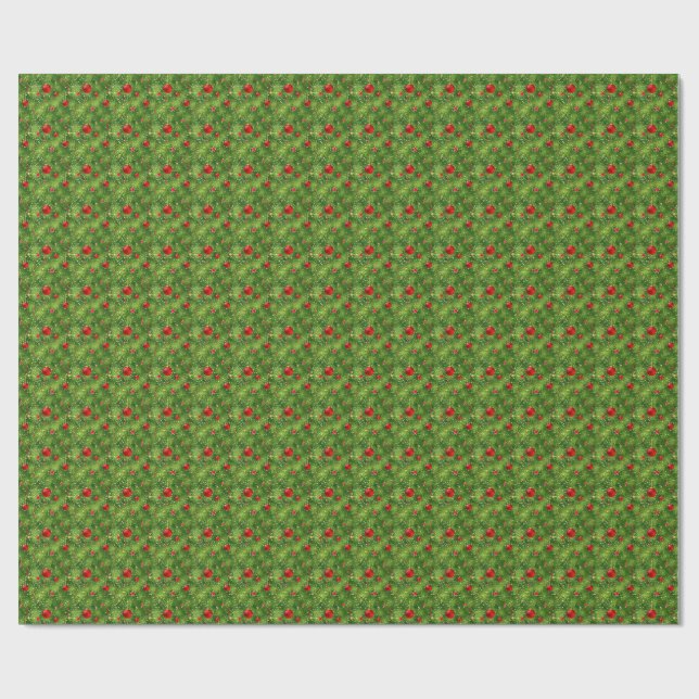 Papel De Presente Red Ornaments & Evergreen Holiday Wrapping Paper (Aberto)