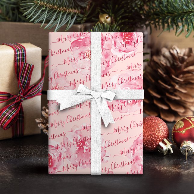 Papel De Presente Red Personalised Felry Christmas Script Floral Wra (Red Personalized Merry Christmas Script Floral Wra Wrapping Paper)