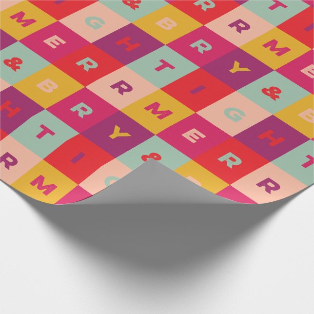 Papel De Presente Red Pink Aqua Yellow Merry and Bright Checkers (Ponta)