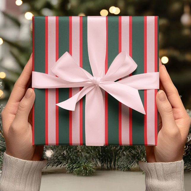 Papel De Presente Red, Pink & Green Stripe (Criador carregado)