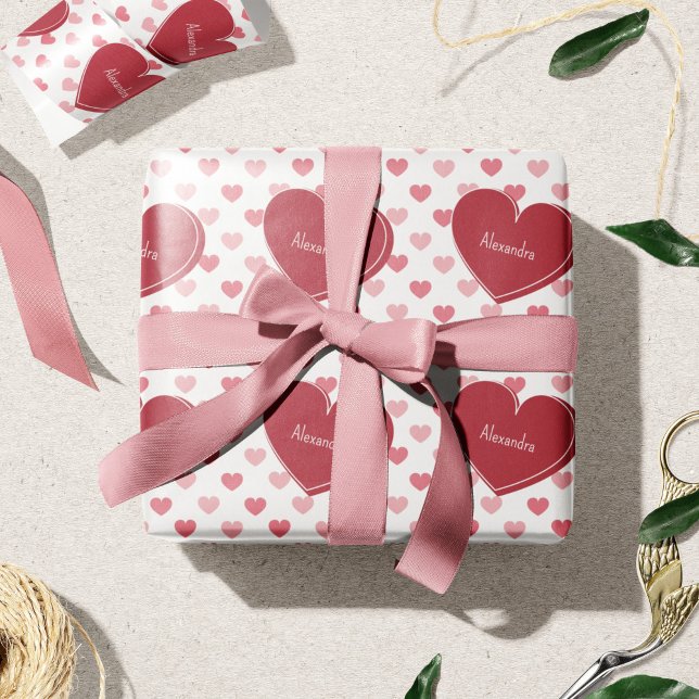 Papel De Presente Red + Pink Hearts Pattern w/ Name Valentine's Day (Criador carregado)