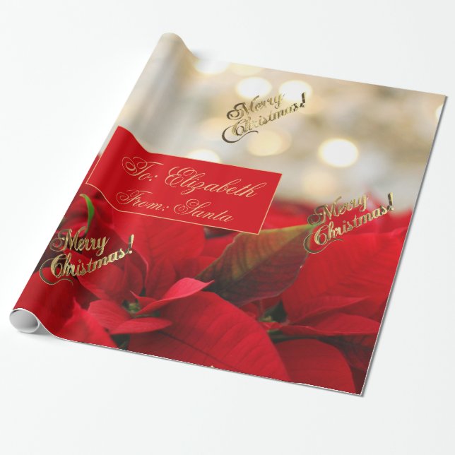 Papel De Presente Red Poinsettia Christmas Floral Faux Dourado Scrip (Desenrolado)