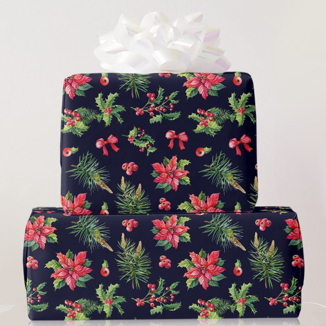 Papel De Presente Red Poinsettia e Holly Bonito Roll of (Criador carregado)