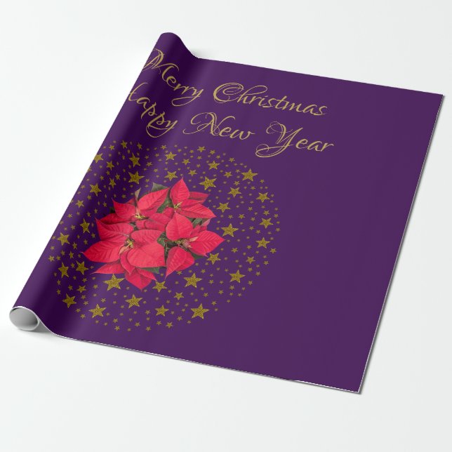 Papel De Presente Red Poinsettia Plant on glitter starry roxo sky (Desenrolado)