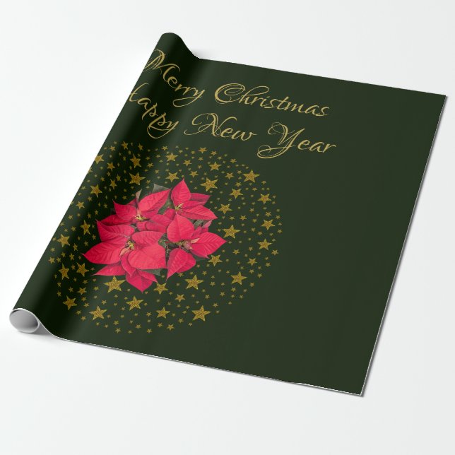 Papel De Presente Red Poinsettia Plant on glitter starstarry green s (Desenrolado)