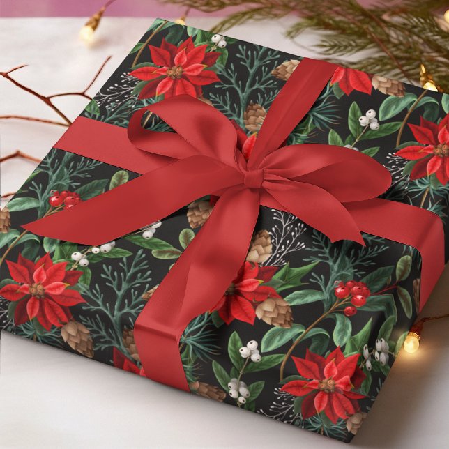 Papel De Presente Red Poinsettia Winter Floral Christmas Pattern (Criador carregado)