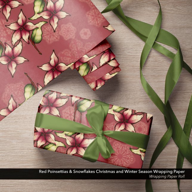 Papel De Presente Red Poinsettias e Snowflakes Natal (Red Poinsettias & Snowflakes Christmas and Winter Season Wrapping Paper Roll)