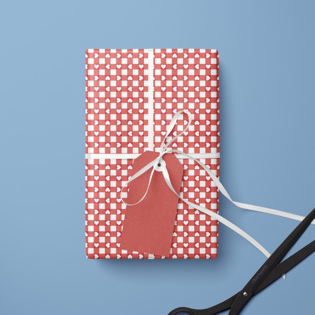 Papel De Presente Red Preppy Gingham Hearts- Wrapping Paper Roll (Criador carregado)