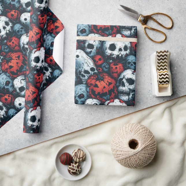 Papel De Presente Red Pumpkins e Skulls Halloween (Artesanato)