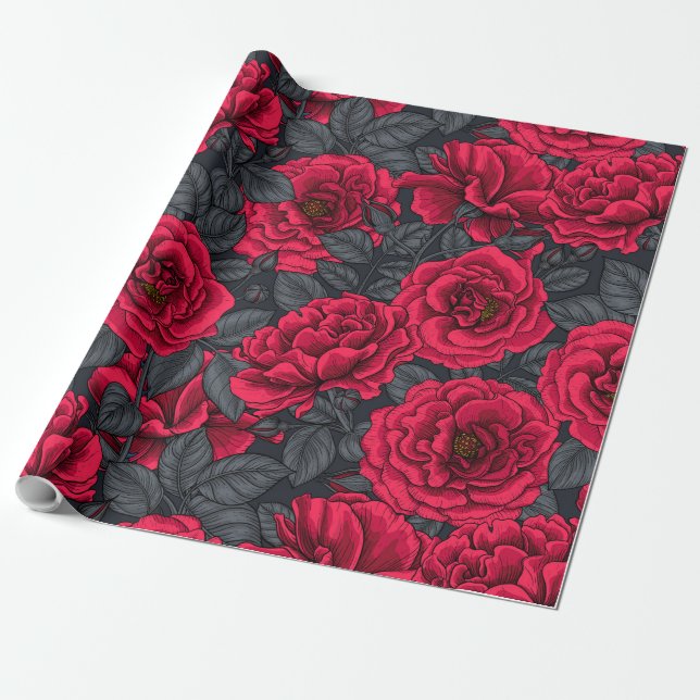 Papel De Presente Red roses with gray leaves on black (Desenrolado)