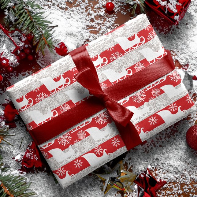 Papel De Presente Red & Silver Strike Snowflake & Papais noeis Sleig (Red & Silver Stripe Snowflake & Santa's Sleigh Wrapping Paper Sheets)