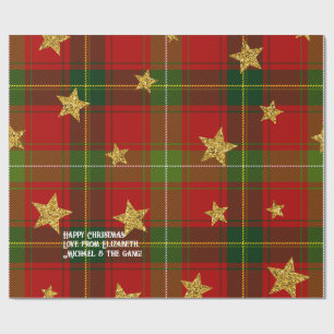 Papel De Presente Red Tartan Dourado Star Natal Personalizado
