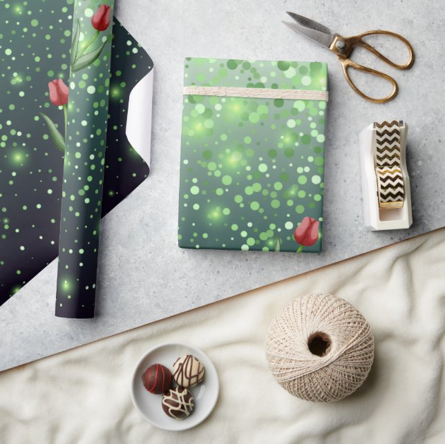 Papel De Presente Red Tulips & Green Sparkle Gradient Gorgeous  (Artesanato)