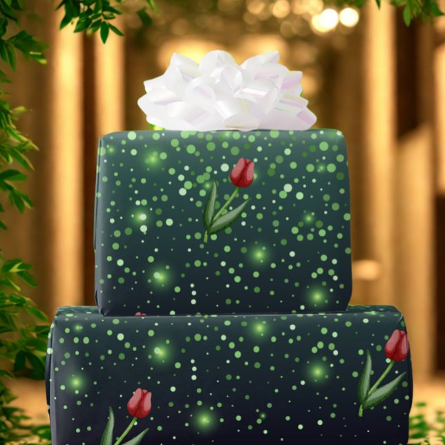 Papel De Presente Red Tulips & Green Sparkle Gradient Gorgeous  (Luxurious Red Tulip Gift wrapping paper. )