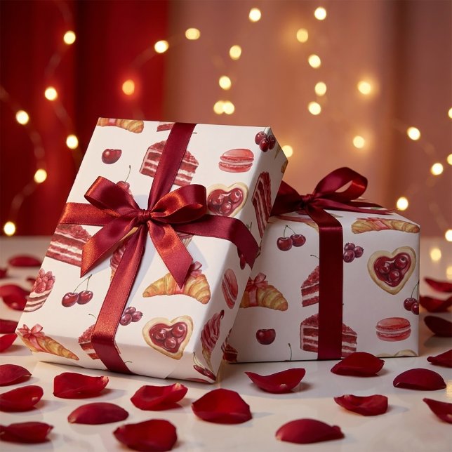Papel De Presente Red Velvet & Cherry Dessert Pattern Watercolor  (#ValentineGiftBox #CherryAesthetic #RomanticPackaging #GiftWrapIdeas #SatinRibbon #ValentineMockup )