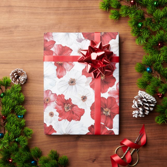 Papel De Presente Red White Flowers Christmas (Presente de Natal)