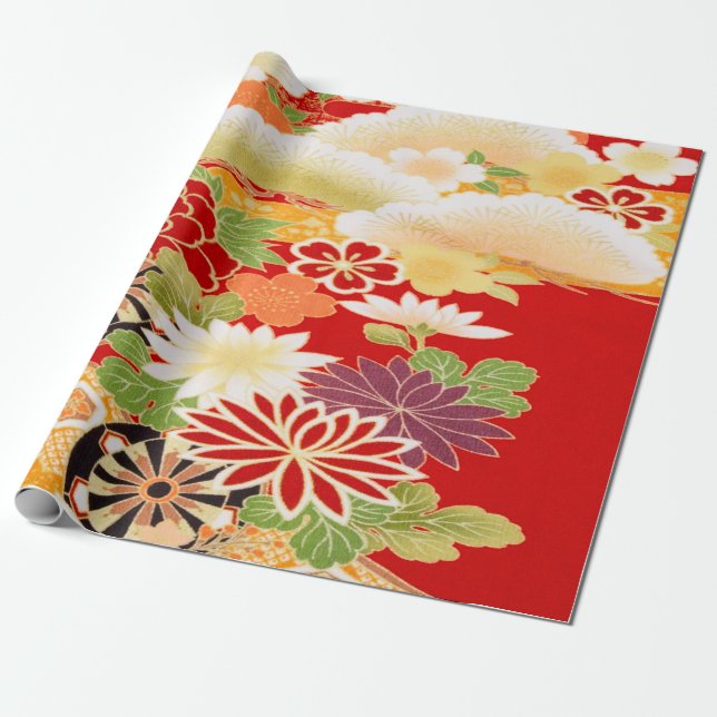Papel De Presente Red White Green - Kimono Floral Decoupage (Desenrolado)