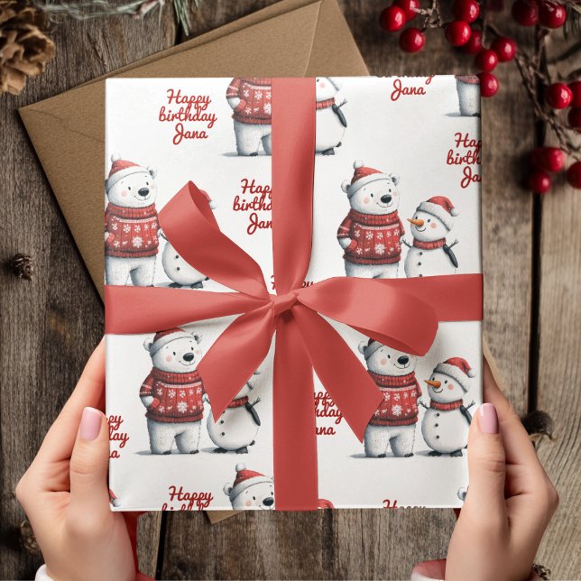 Papel De Presente Red Winter Bear & Snowmen | Inverno (Criador carregado)