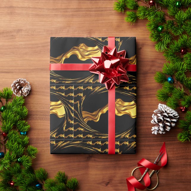 Papel De Presente Redemoinho Opulento Líquido Dourado Preto Monocrom (Presente de Natal)