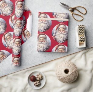 Papel De Presente Refletindo Papai Noel em um Padrão de Natal Red Ha