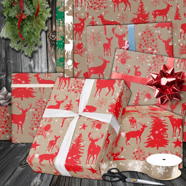 Papel De Presente Reinador Florestal Vermelho Russo Kraft (Rustic Kraft Red Woodland Forest Reindeer Wrapping Paper in 6 & 15 foot long 30 inch rolls)