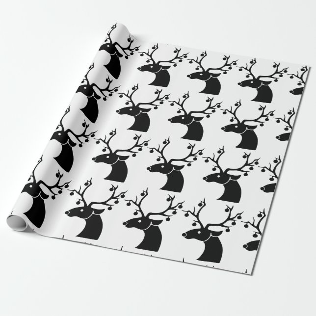 Papel De Presente Reindedo de Natal preto e branco com ornamentos (Desenrolado)