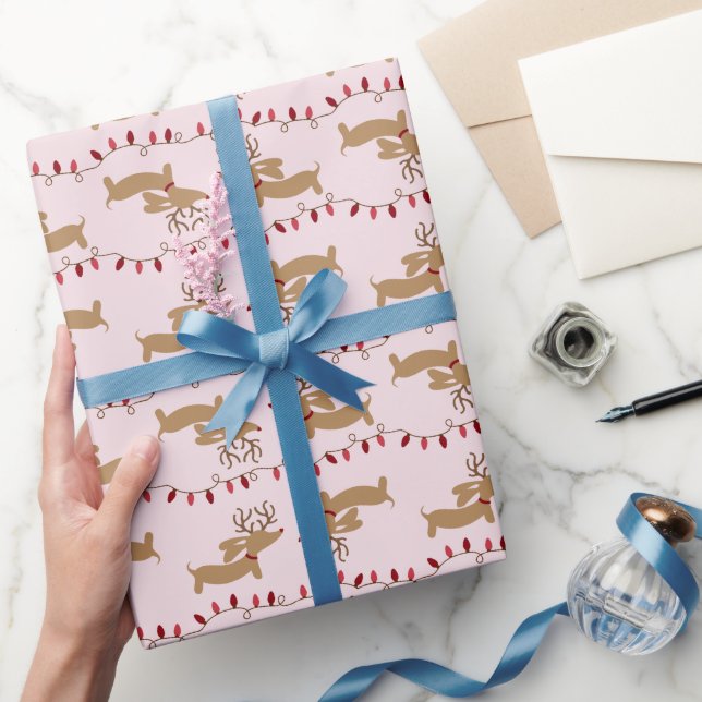 Papel De Presente Reindeer Dachshund Red e Pink Weendeer Gift Wrap (Presentear)