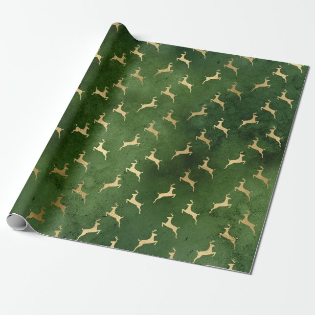 Papel De Presente Reindeer de Natal Dourado em Verde (Desenrolado)