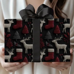 Papel De Presente Reindeer de Natal e Meias em Vermelho e Cinzas